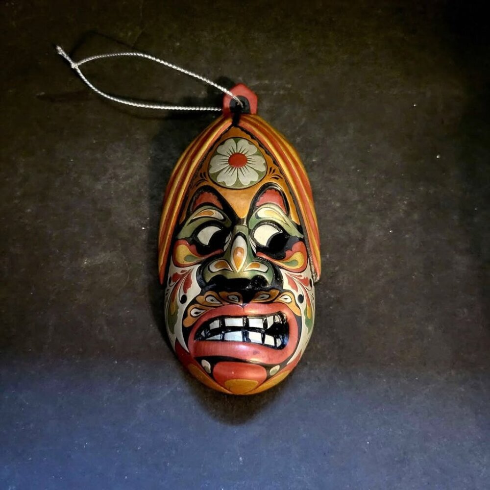 Vintage Hand Painted Wood Indonesian Tribal Mask Hanging Ornament